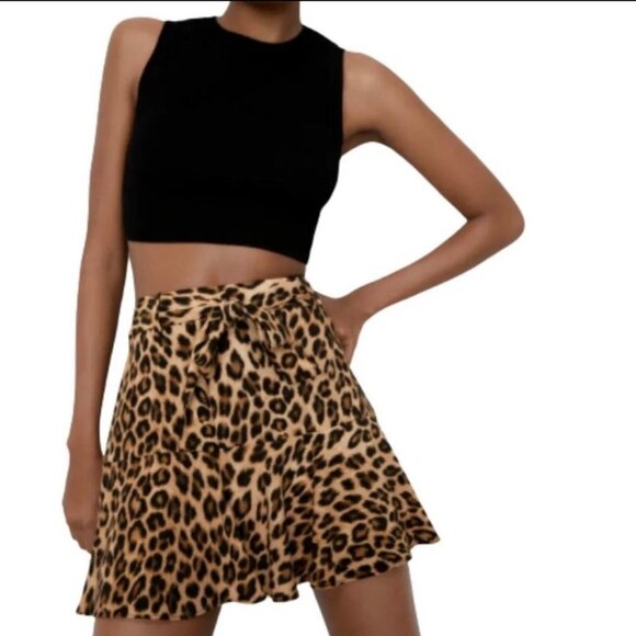 ZARA Animal Leopard Print High Waisted Skort with bow tie Sz. S - Picture 3 of 9
